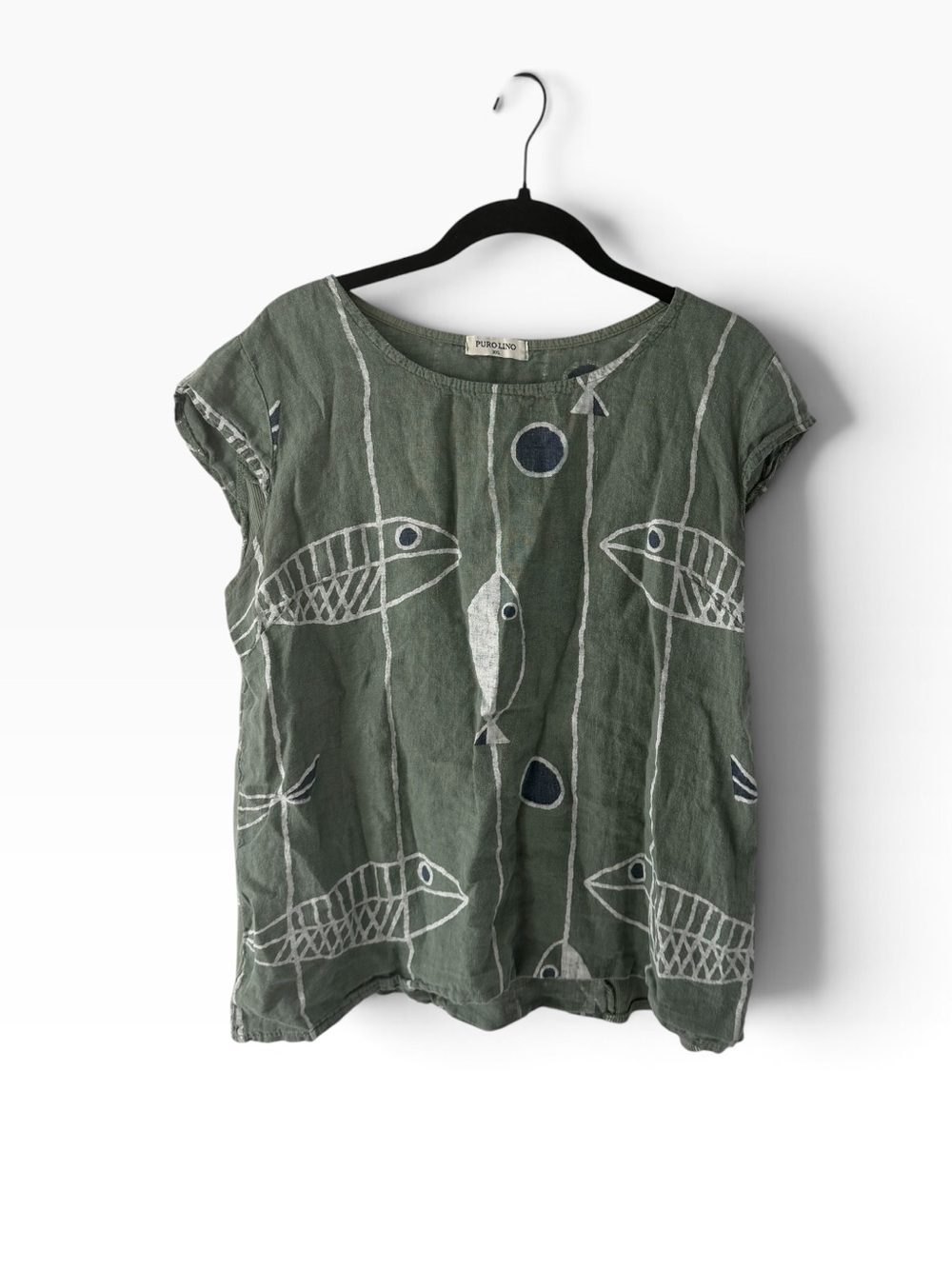 PuroLino Women’s Fish Print Linen Top Artistic Coastal Boho Lagenlook Size XXL